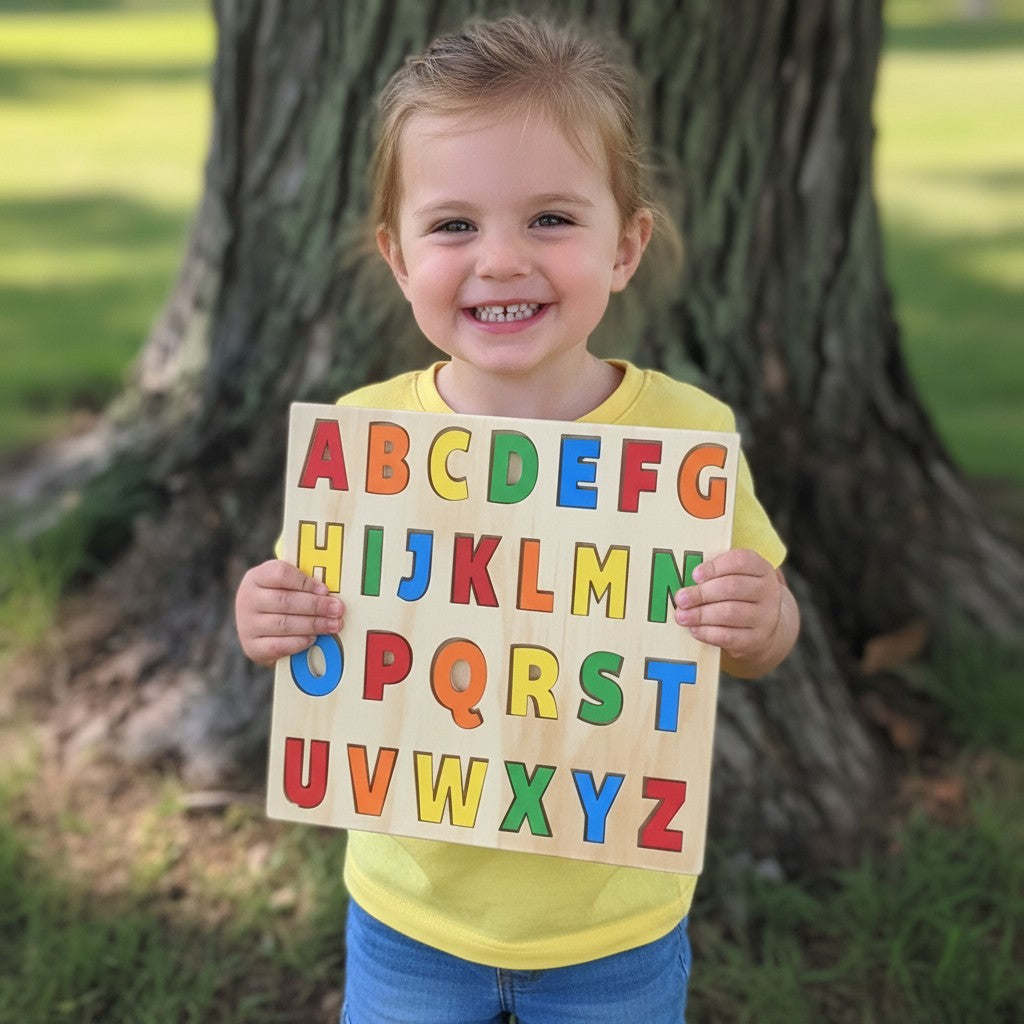 The Hocking Hills Store handmade wooden alphabet puzzle with colorful letters on a natural wood board, perfect for early learning.