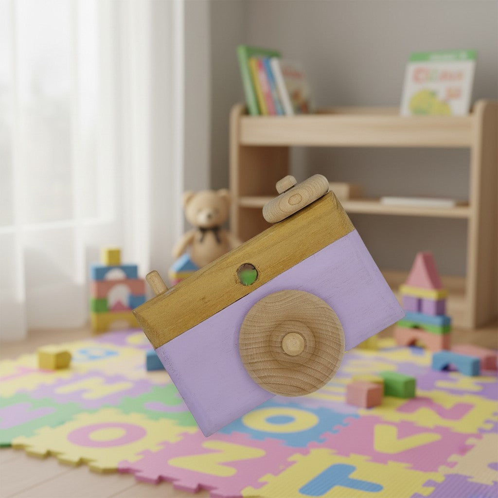 The Hocking Hills Store handmade wooden camera toy for kids, natural wood with a lavender painted front and wooden lens.