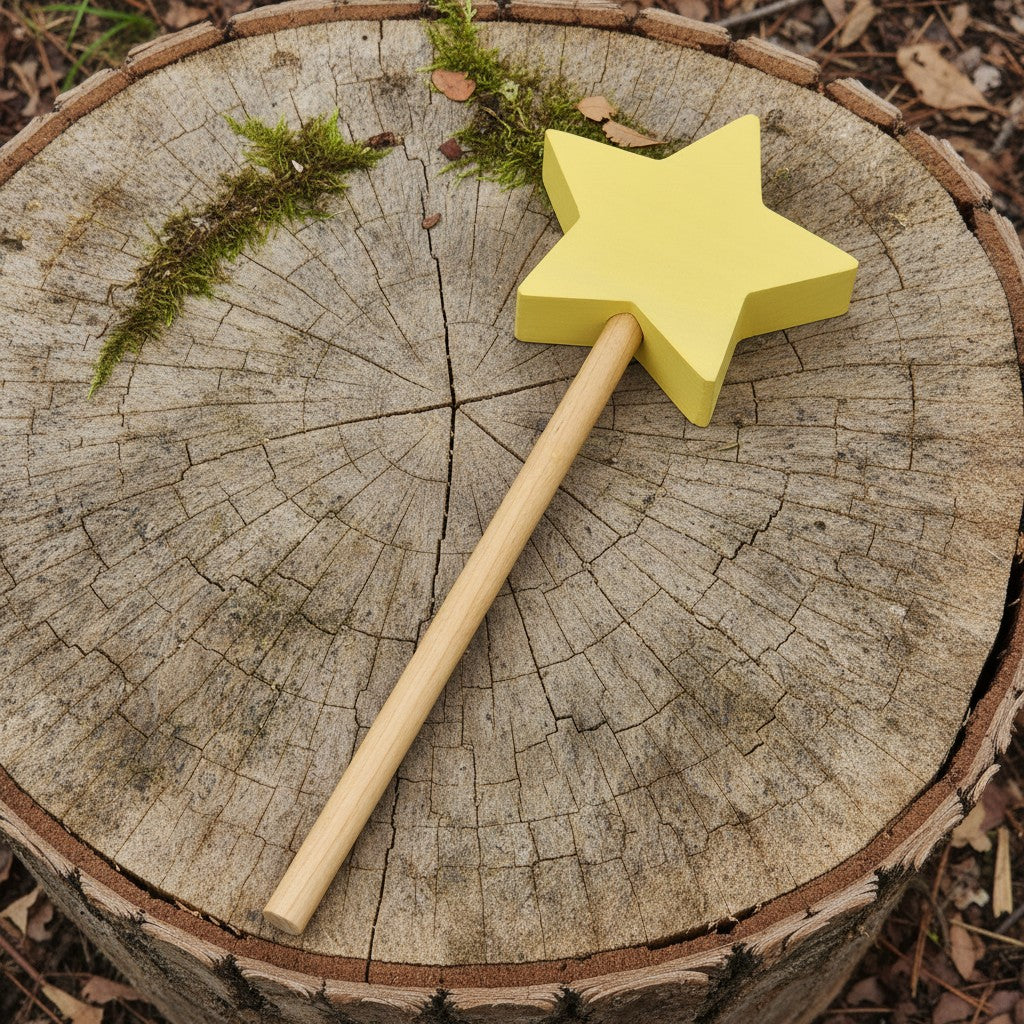 The Hocking Hills Store handmade wooden toy wand with a yellow star on a natural wood handle, perfect for imaginative play.