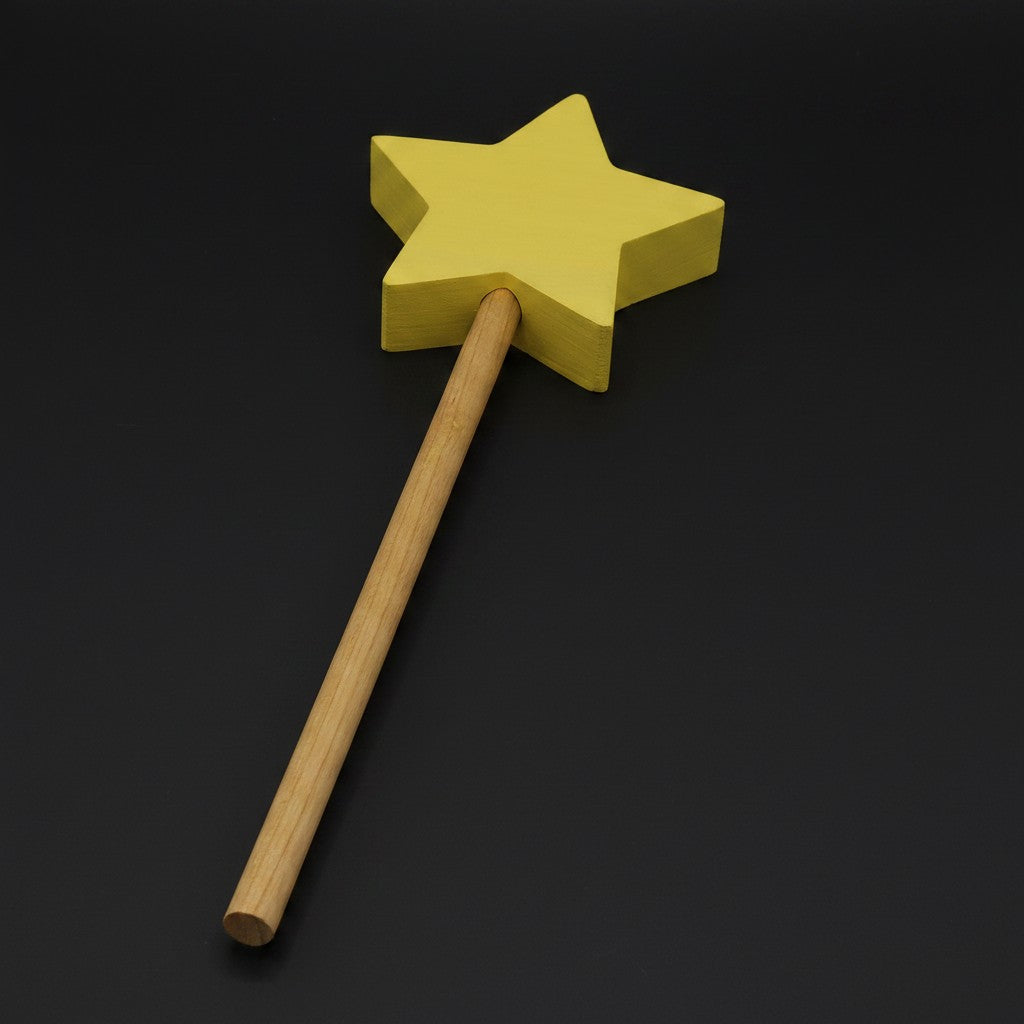 The Hocking Hills Store handmade wooden toy wand with a yellow star on a natural wood handle, perfect for imaginative play.