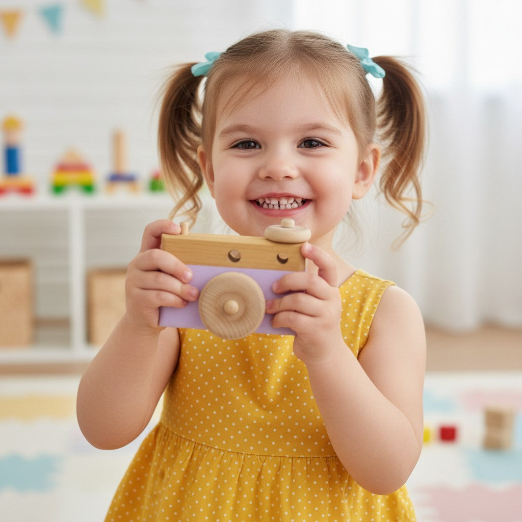 The Hocking Hills Store handmade wooden toy camera for kids, natural wood with a lavender painted front and wooden buttons.