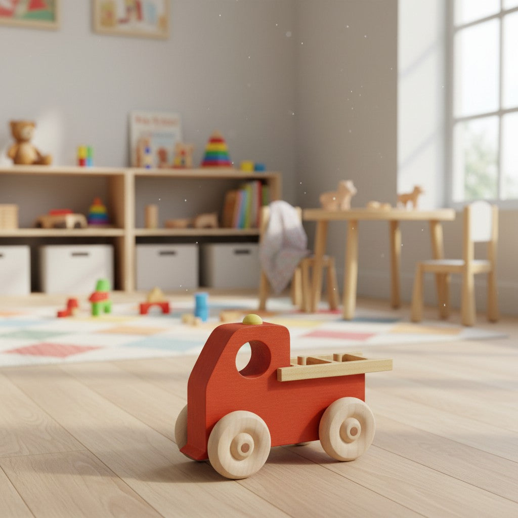The Hocking Hills Store handmade red wooden toy fire truck with natural wood ladder and wheels.