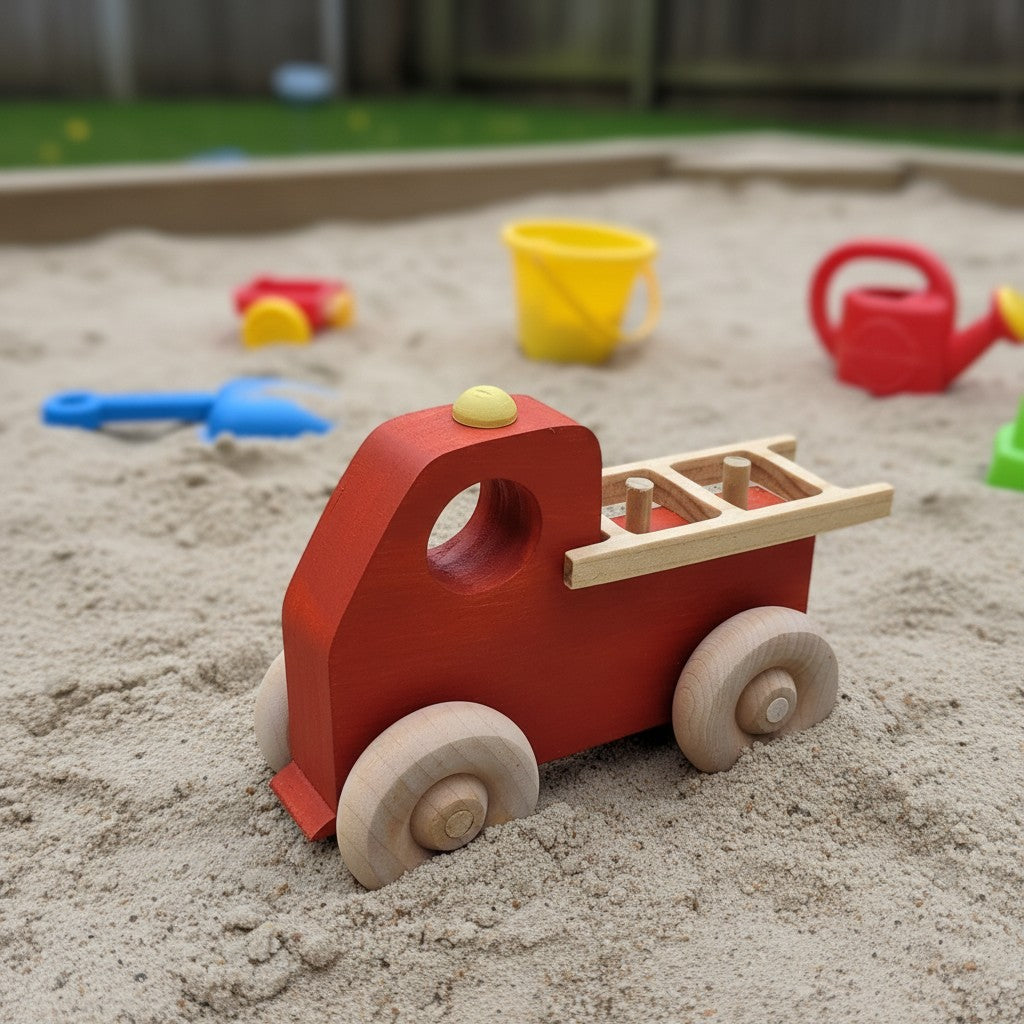 The Hocking Hills Store handmade red wooden toy fire truck with natural wood wheels and ladder.