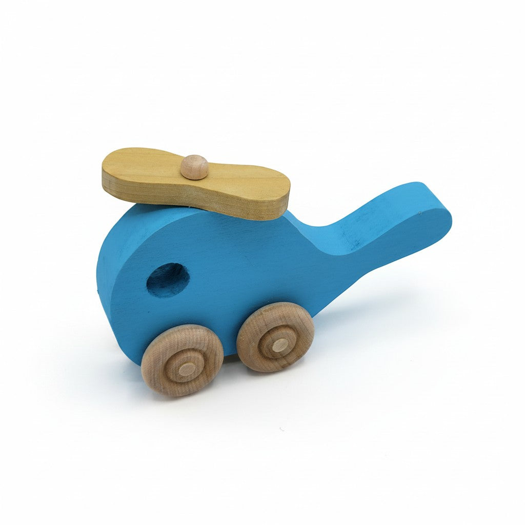 The Hocking Hills Store handmade blue wooden toy helicopter with yellow rotor and natural wood wheels.