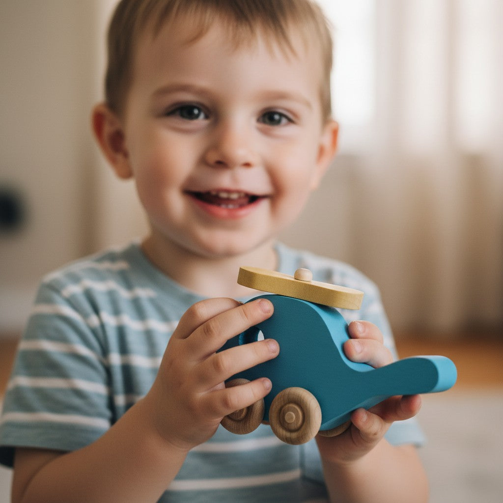 The Hocking Hills Store handmade blue wooden toy helicopter with yellow rotor and natural wood wheels.