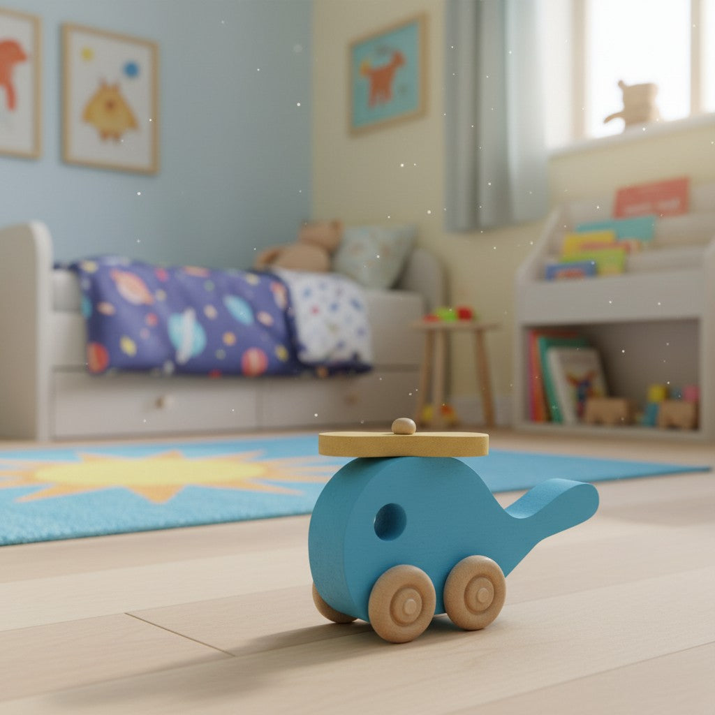 The Hocking Hills Store handmade blue wooden toy helicopter with yellow rotor and natural wood wheels.