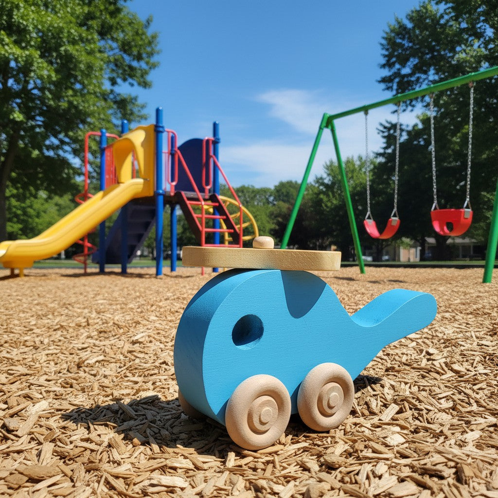 The Hocking Hills Store blue wooden toy helicopter with yellow rotor and natural wood wheels.