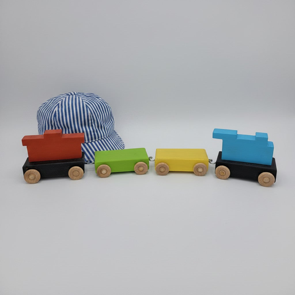 The Hocking Hills Store handmade wooden toy train with red, green, yellow, and blue carriages on black bases.