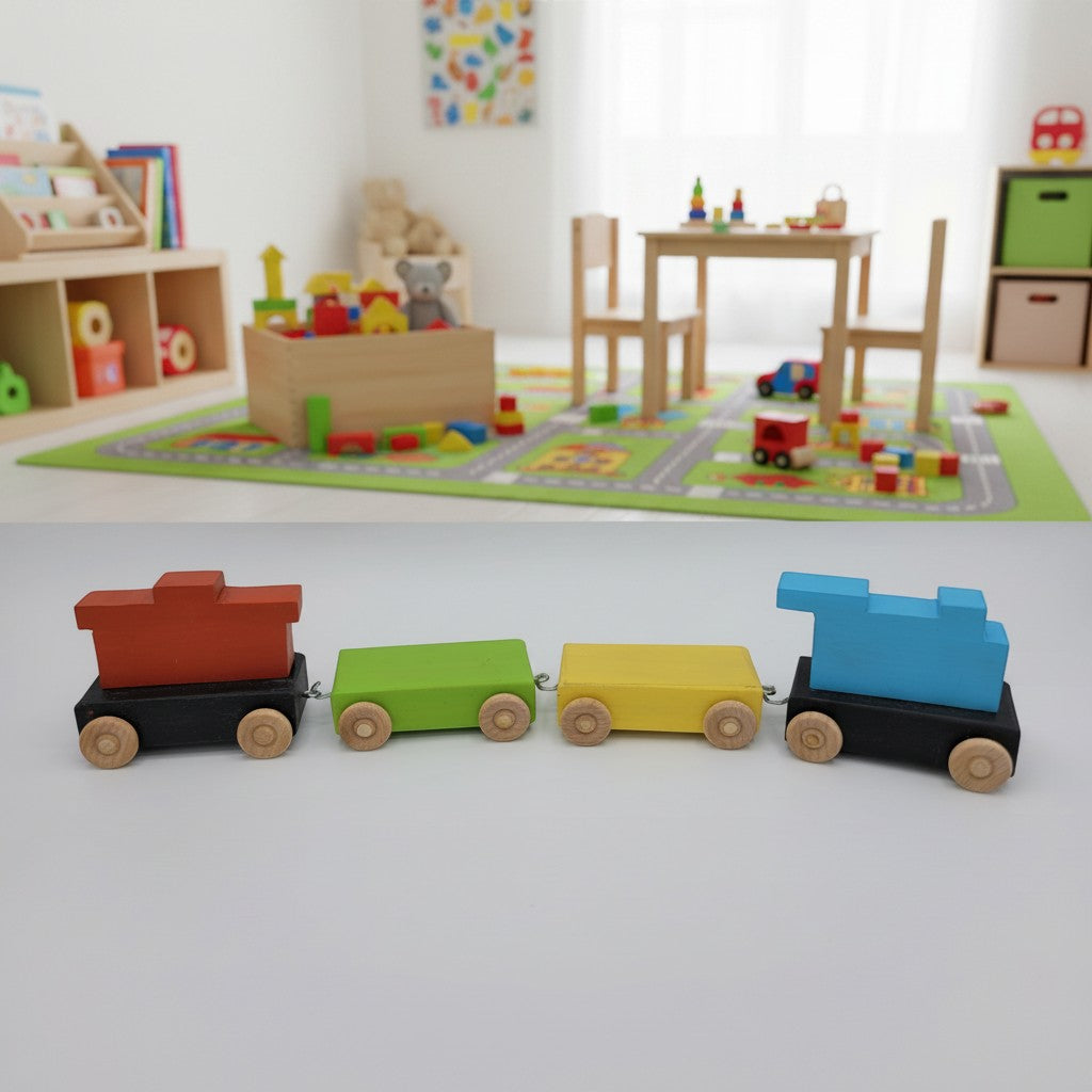The Hocking Hills Store handmade wooden toy train with red, green, yellow, and blue carriages on black bases.