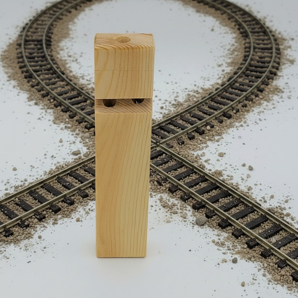The Hocking Hills Store handmade natural wood toy train whistle with two holes and a top opening, set against a white background with tire tracks and dirt.