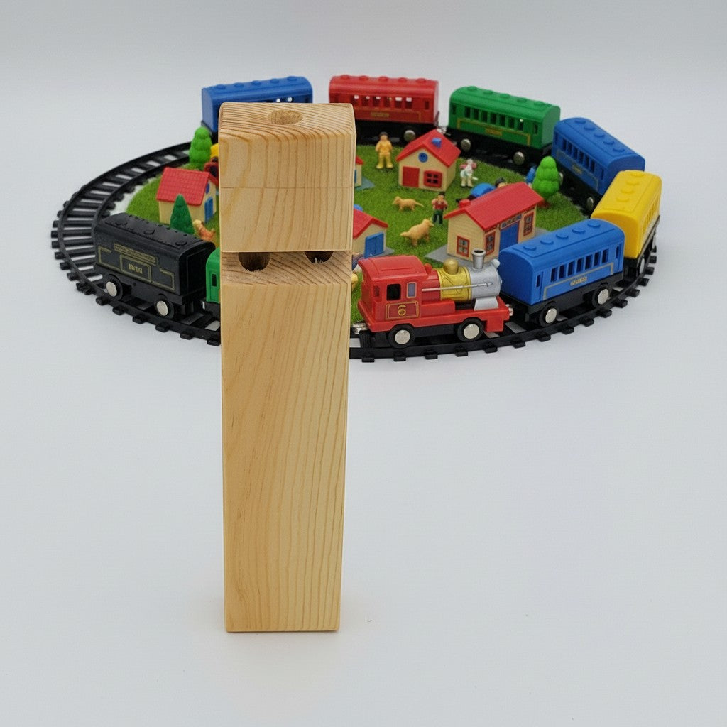 The Hocking Hills Store handmade natural wood toy train whistle with two holes.