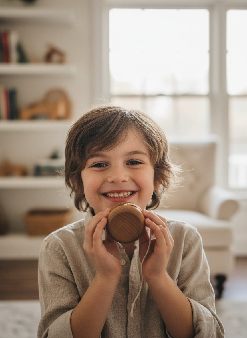The Hocking Hills Store handmade wooden toy yo-yo with a natural wood finish and white string.