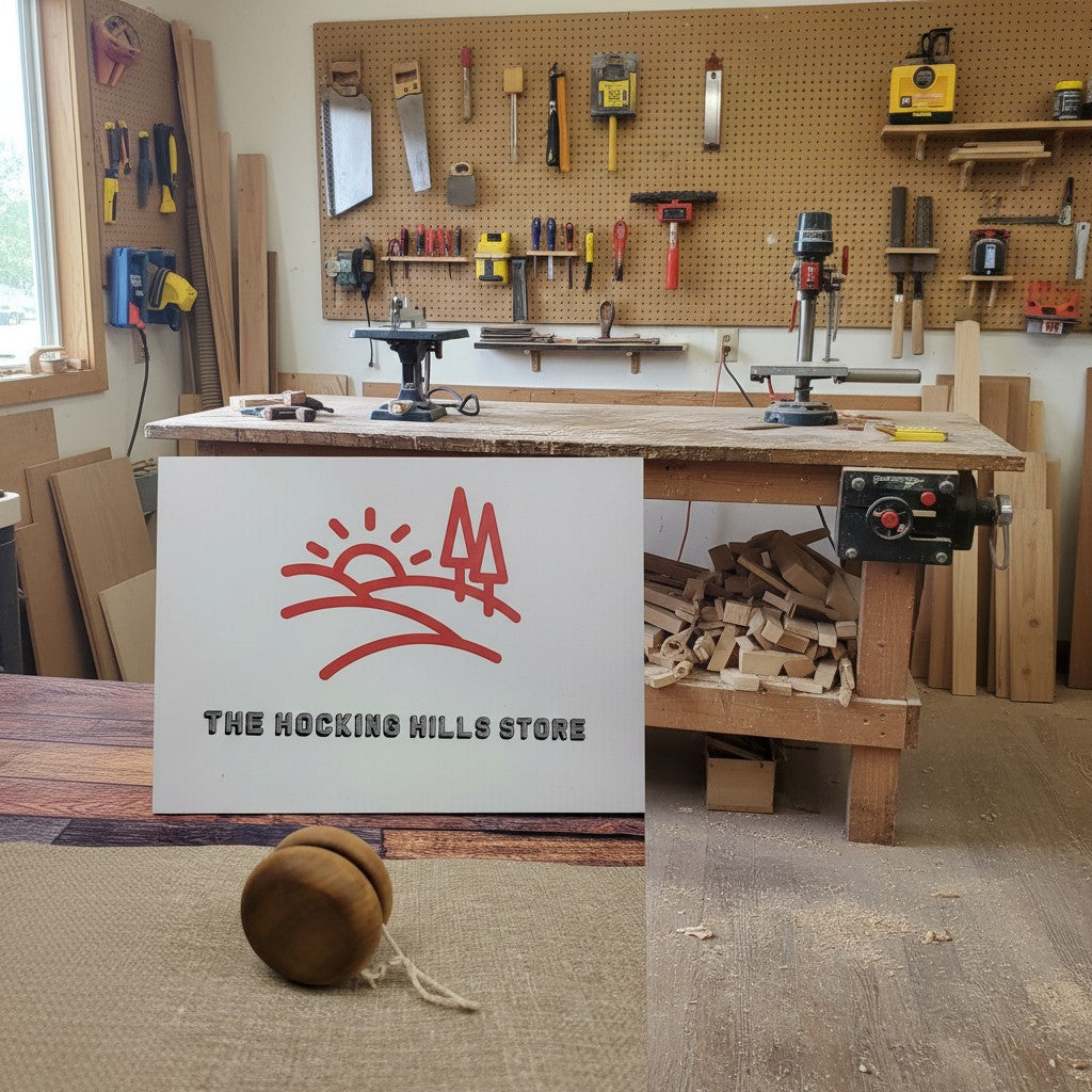The Hocking Hills Store handmade wooden toy yo-yo with a natural wood finish and white string.