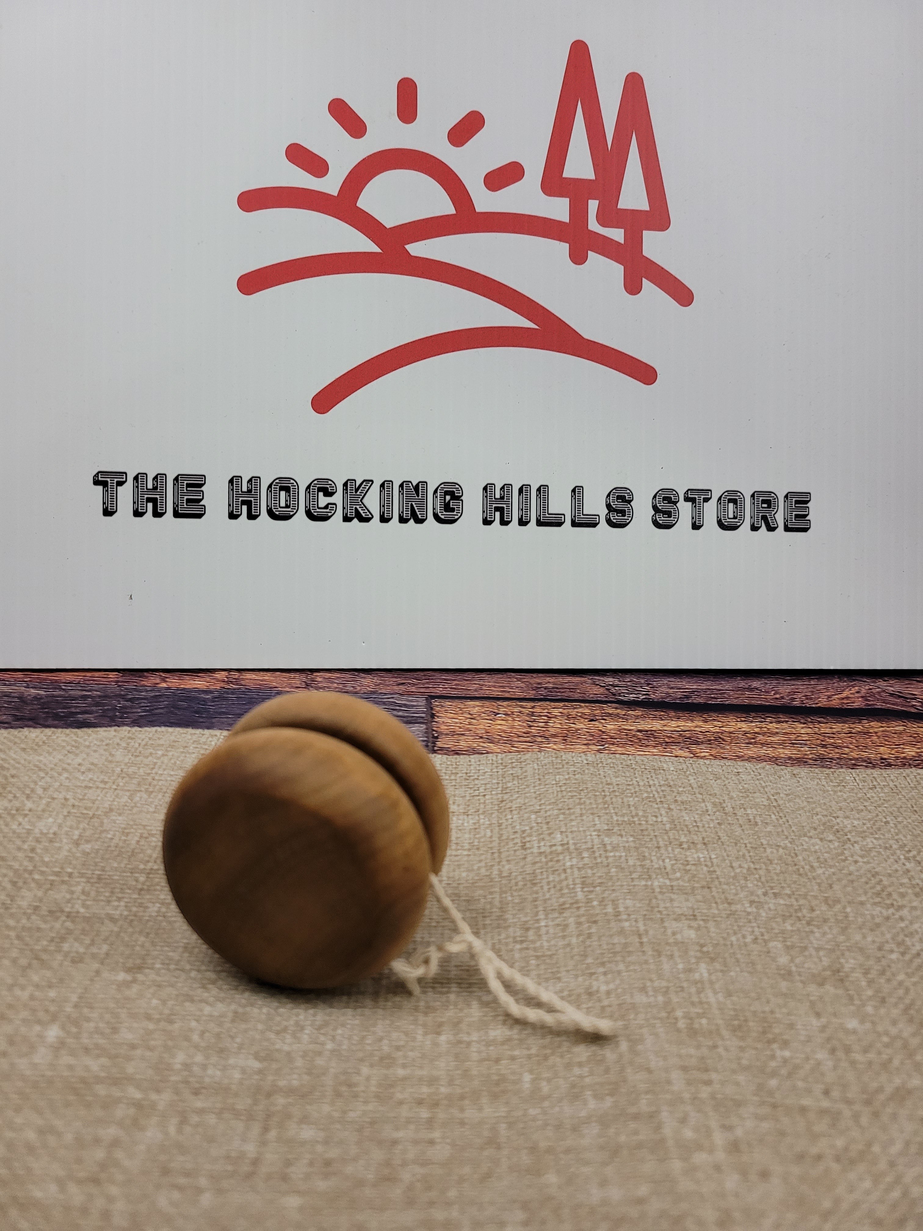 The Hocking Hills Store handmade wooden toy yo-yo, natural wood finish, classic design with string.