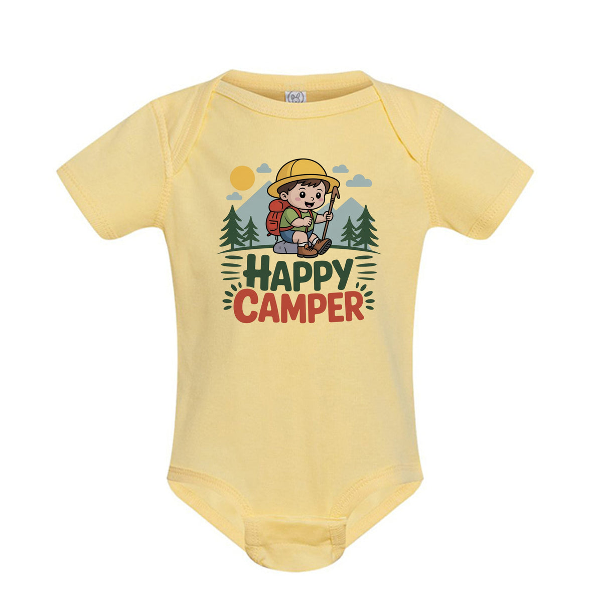 The Hocking Hills Store yellow infant bodysuit featuring a Happy Camper graphic with a child hiking in the mountains.