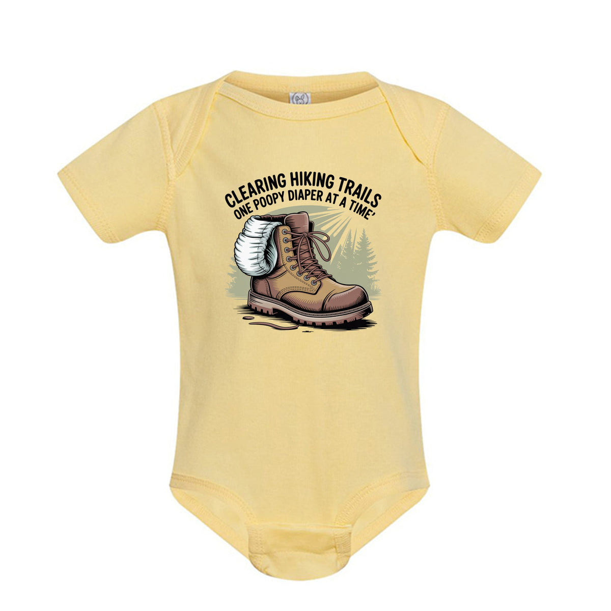 The Hocking Hills Store yellow infant onesie with a hiking boot graphic and Clearing The Trail text