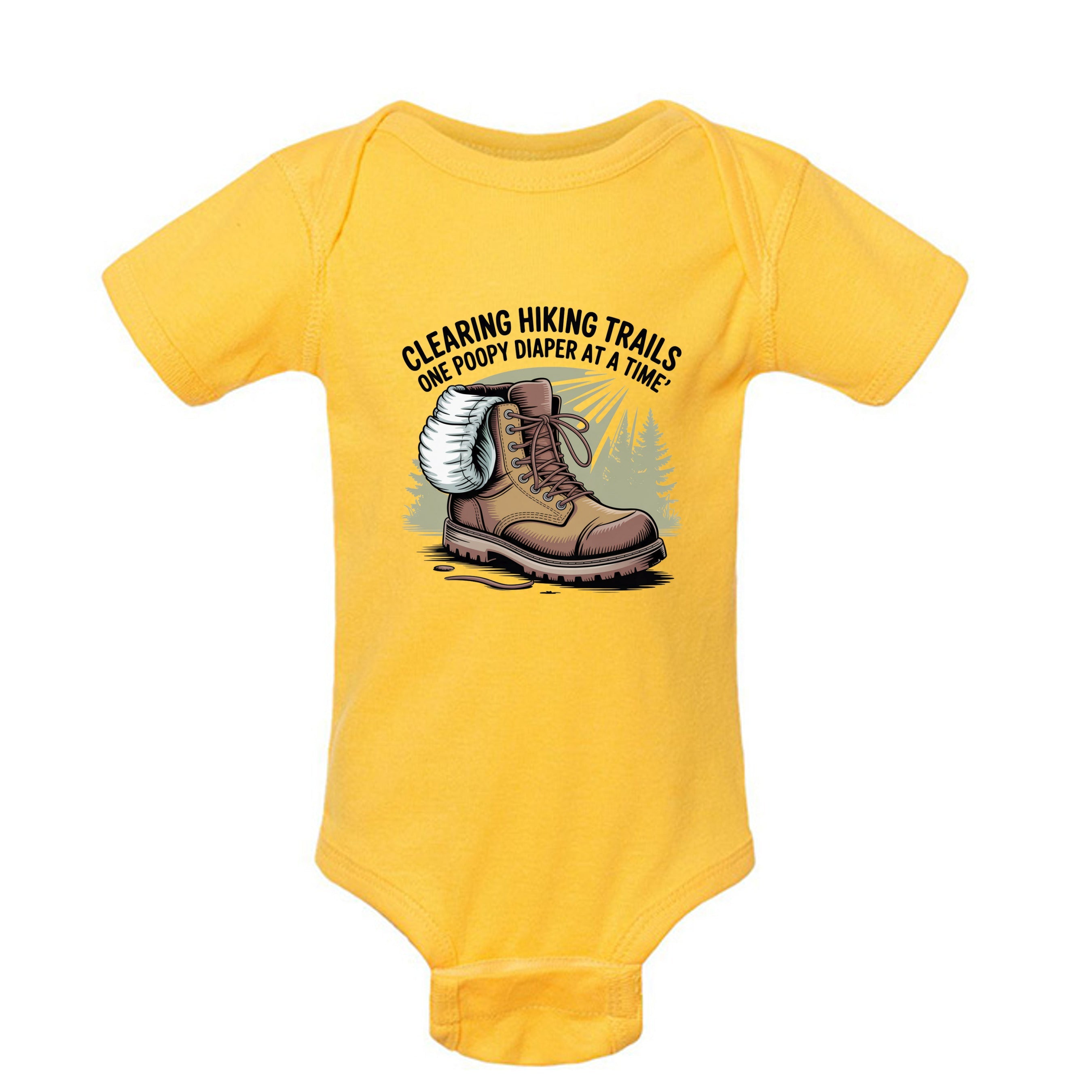 The Hocking Hills Store yellow infant bodysuit featuring a hiking boot graphic and Clearing The Trail text.