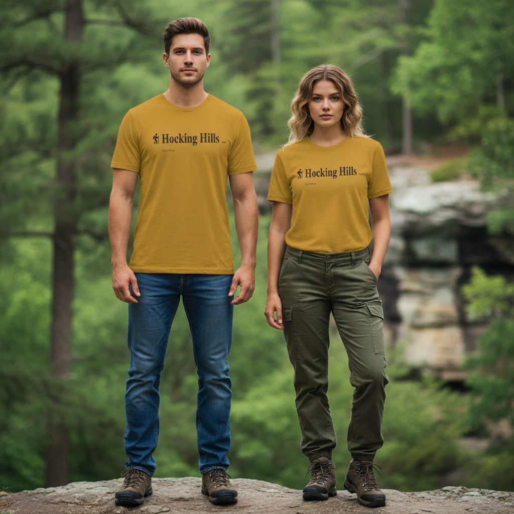The Hocking Hills Store yellow cotton t-shirt with "Hocking Hills" text and hiker graphic.