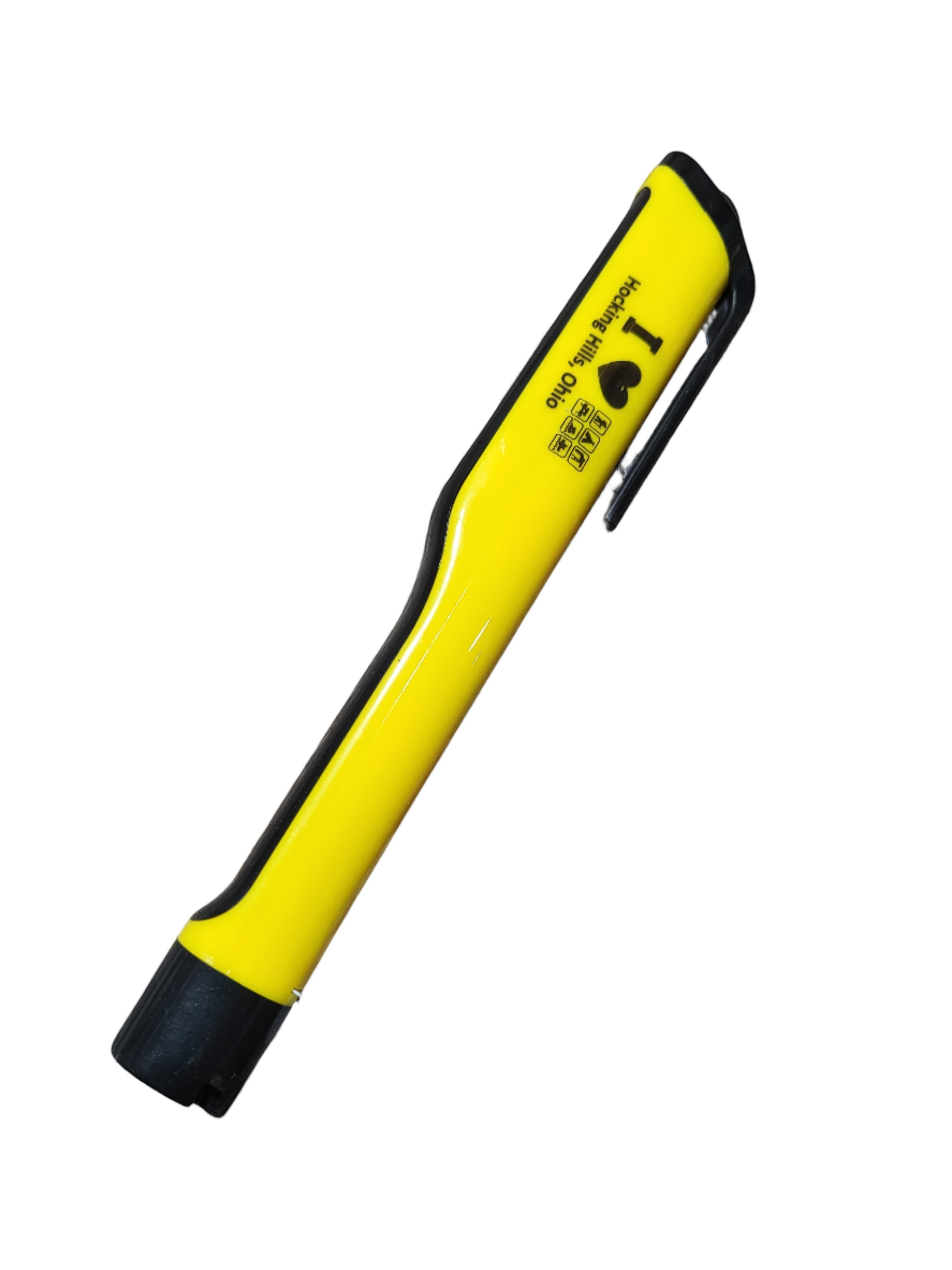 The Hocking Hills Store yellow LED shirt clip trail light with black accents and "I Heart Hocking Hills, Ohio" text.