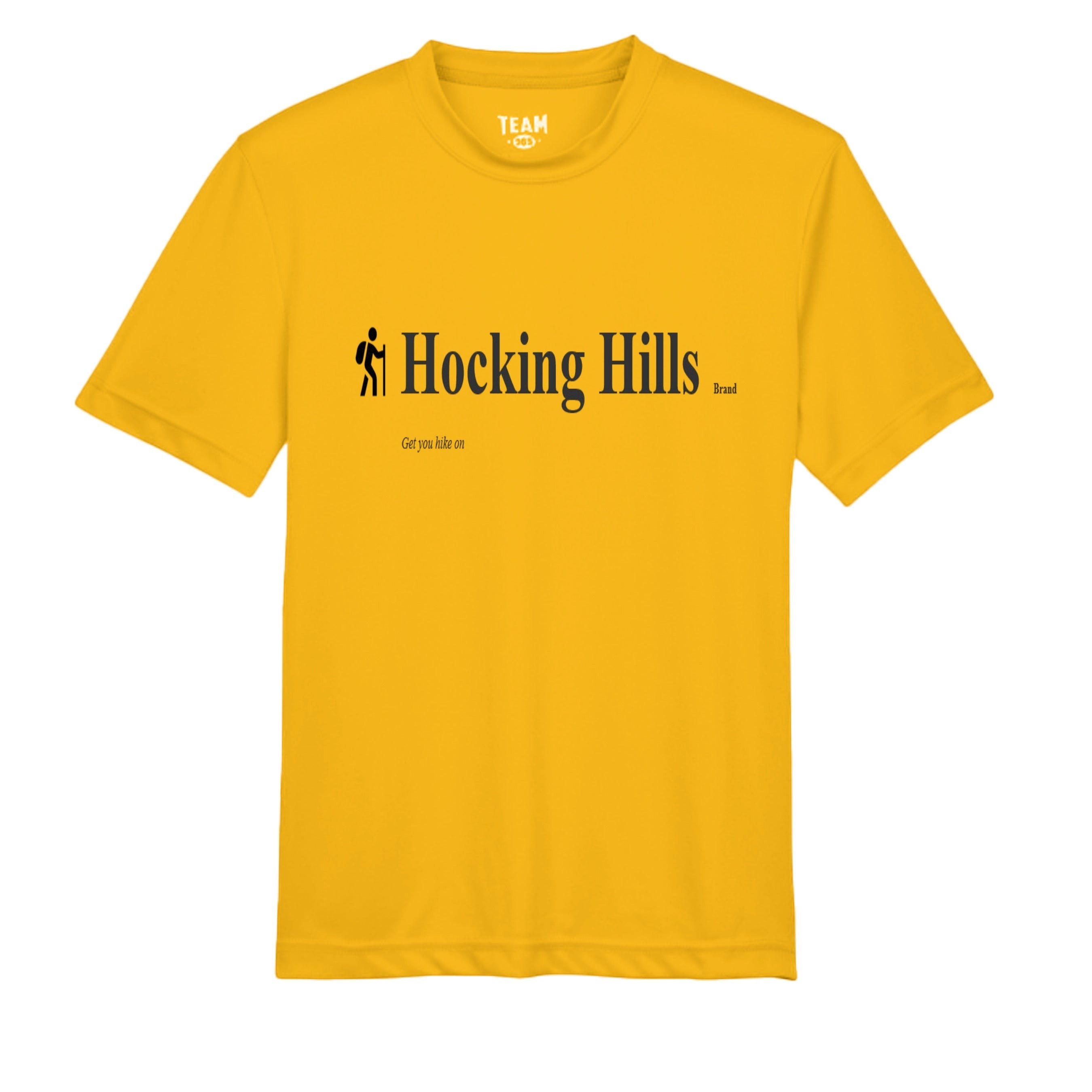 The Hocking Hills Store yellow polyester performance t-shirt with "Hocking Hills Brand" graphic and hiker icon.