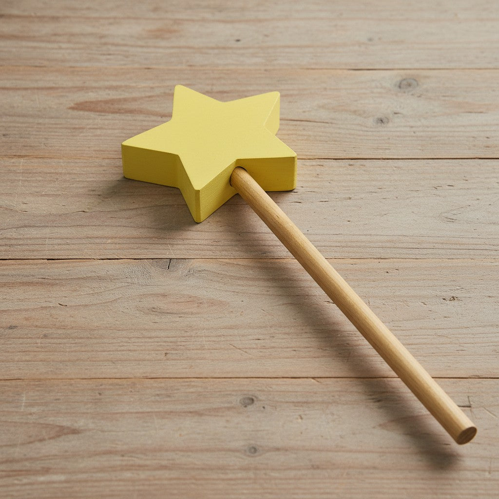 The Hocking Hills Store handmade yellow star wooden toy wand for imaginative play.
