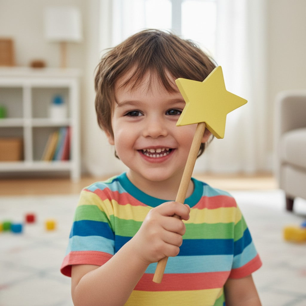 The Hocking Hills Store yellow wooden toy wand with a star tip, perfect for imaginative play.