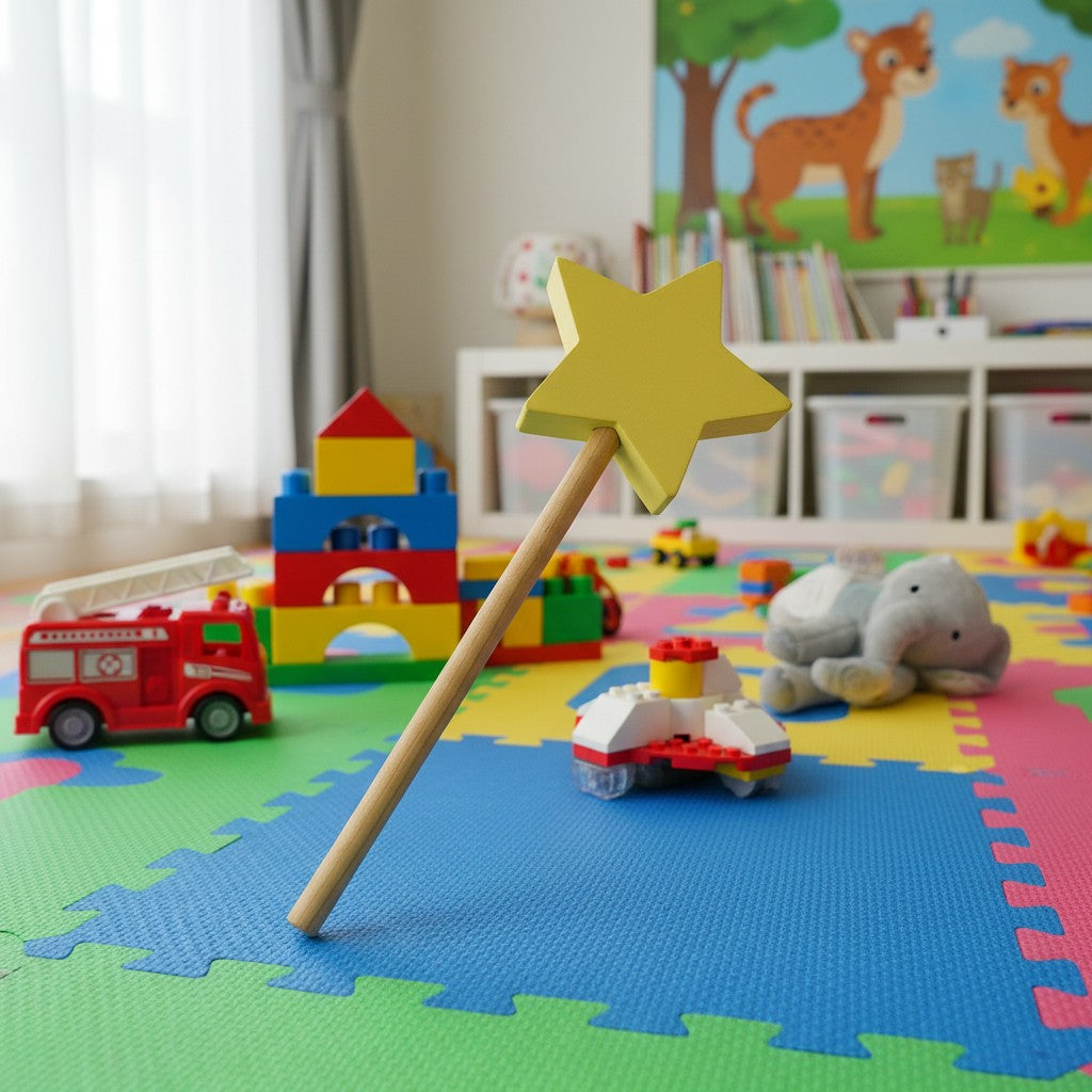 The Hocking Hills Store yellow wooden star toy wand for imaginative play.