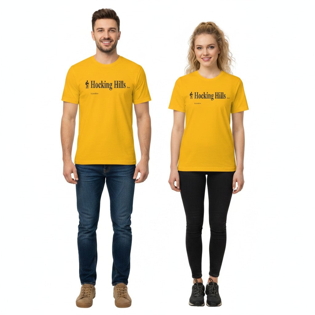 The Hocking Hills Store yellow polyester youth performance t-shirt with "Hocking Hills" graphic and hiker icon.