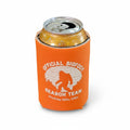 The Hocking Hills Store Official Bigfoot Search Team orange can cooler with a white Bigfoot graphic and text.