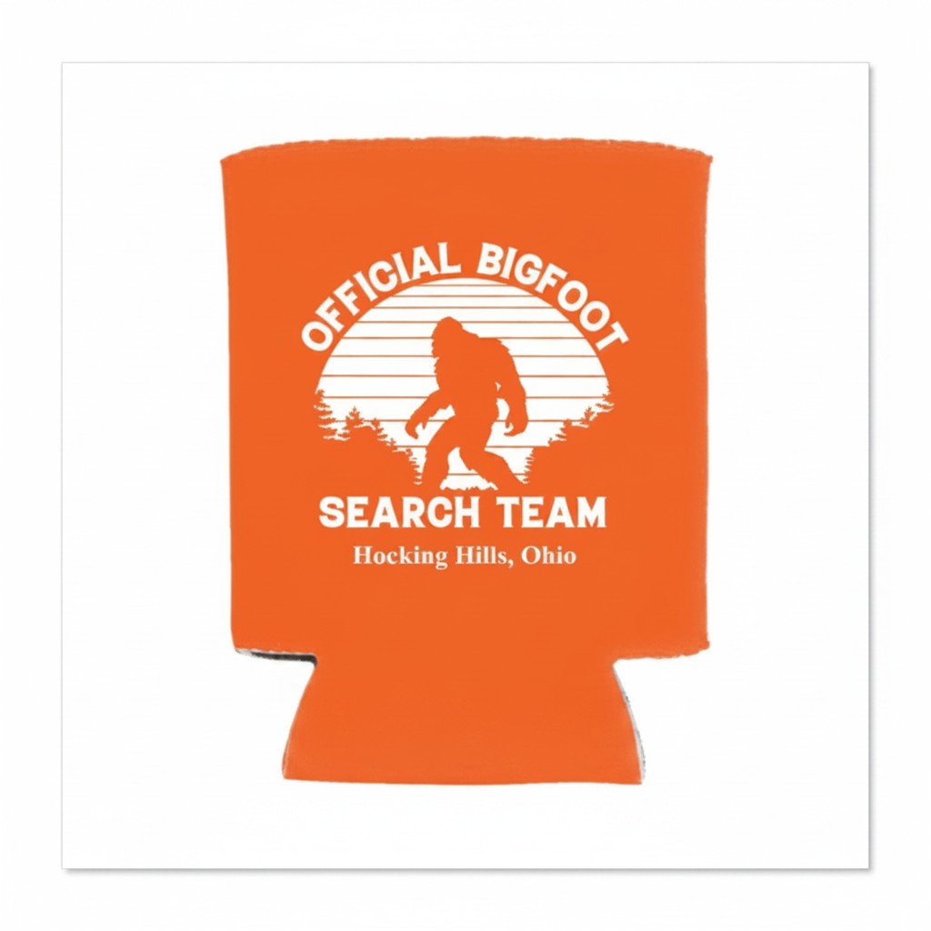 The Hocking Hills Store Official Bigfoot Search Team orange can cooler with Bigfoot silhouette and trees graphic.
