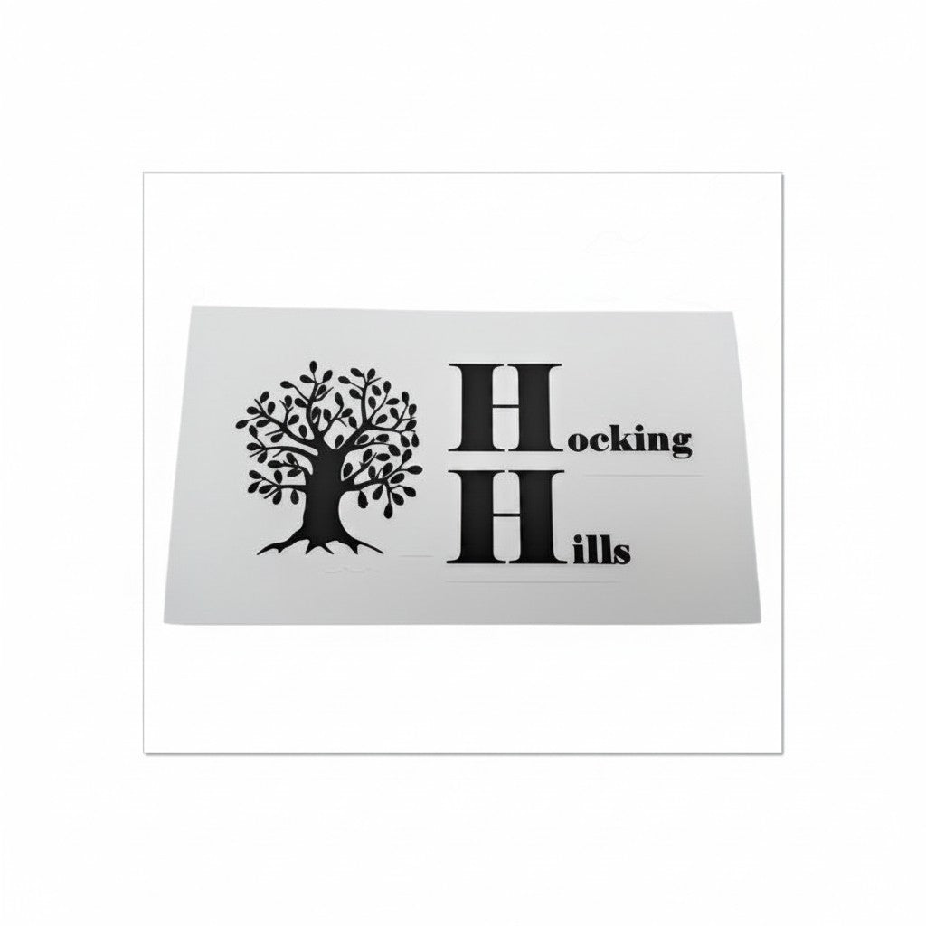 The Hocking Hills Store black and white bumper sticker featuring a stylized tree and "H Hocking Hills" logo.
