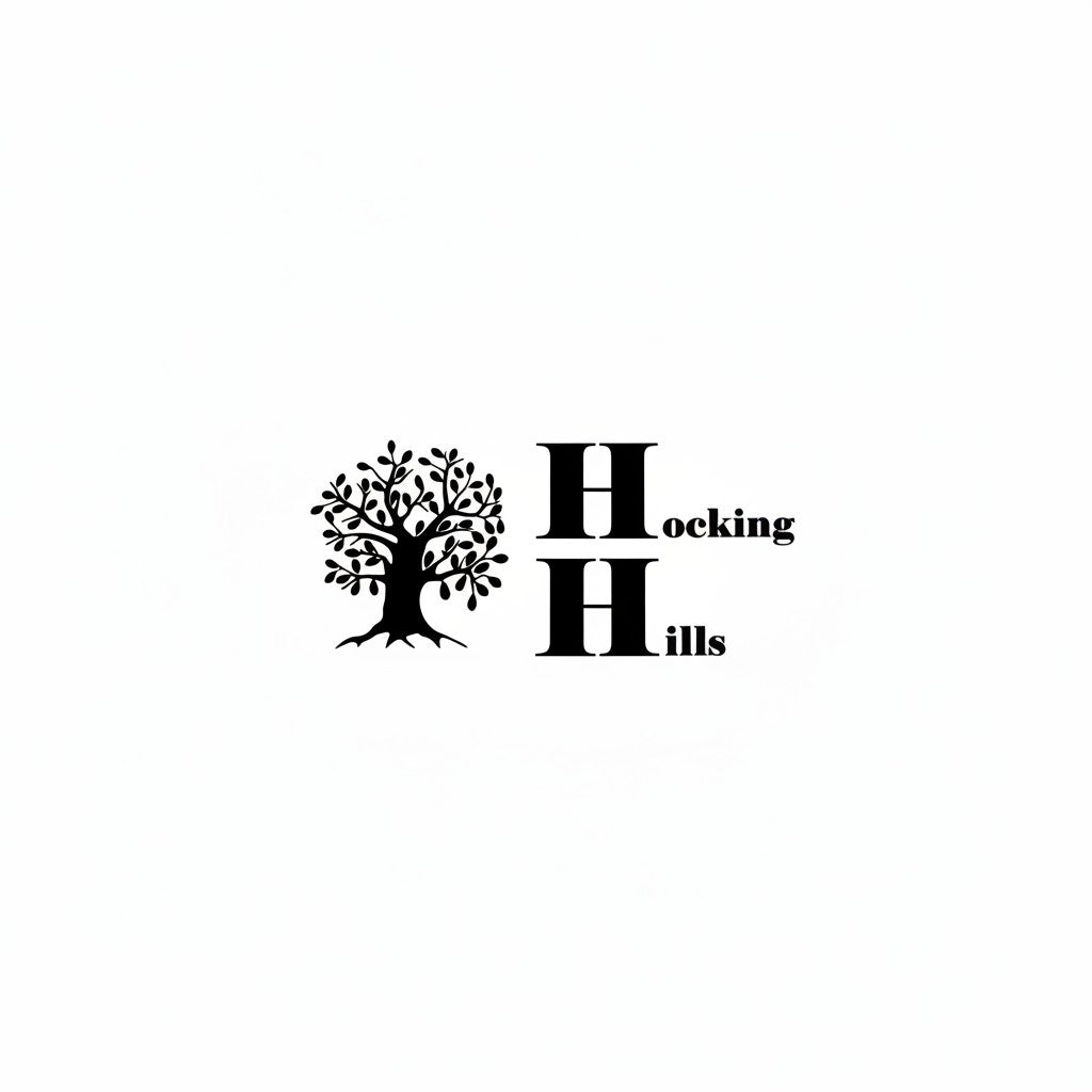 The Hocking Hills Store black and white bumper sticker with stylized tree and logo. Durable vinyl.