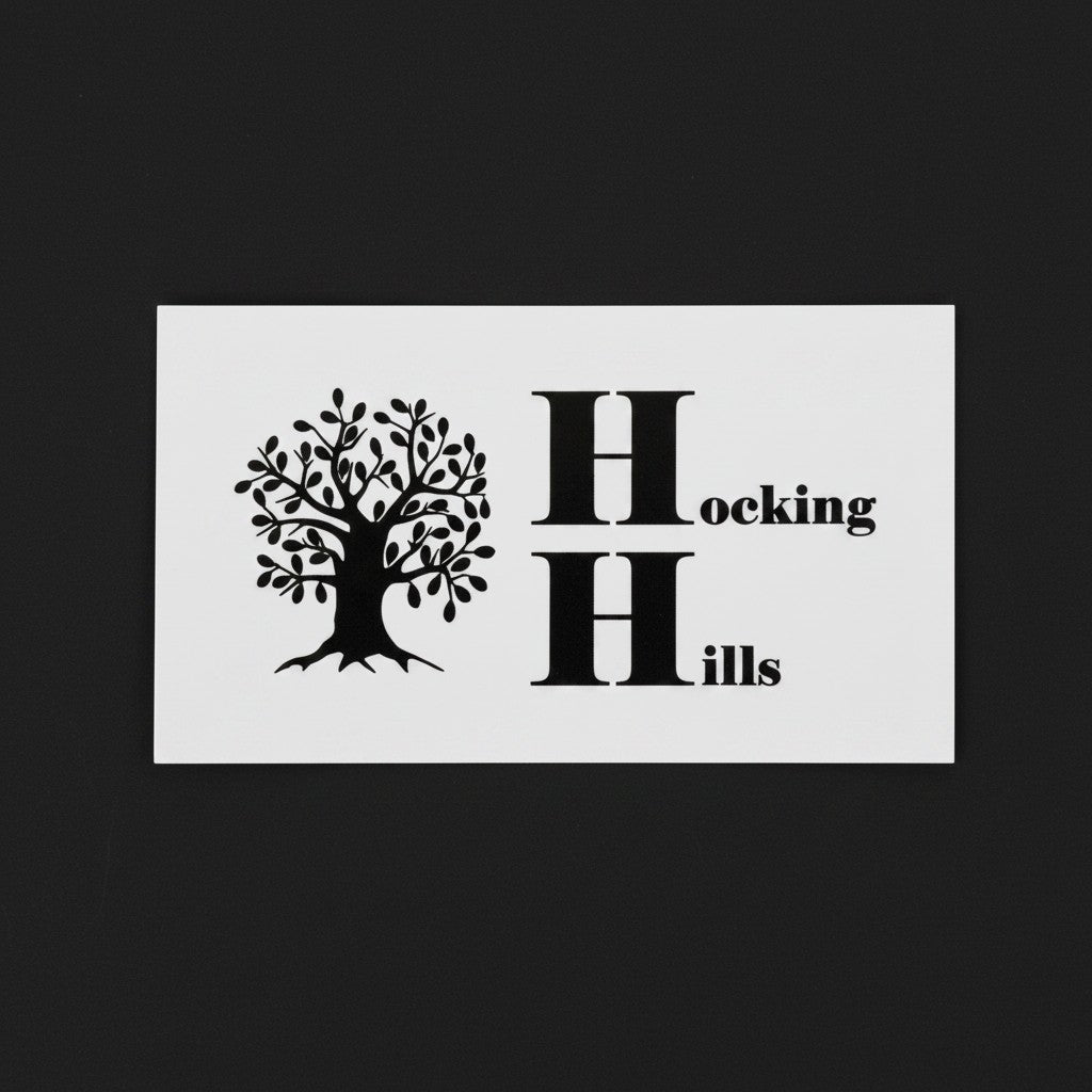 The Hocking Hills Store black and white bumper sticker with a stylized tree and "H Hocking Hills" logo.