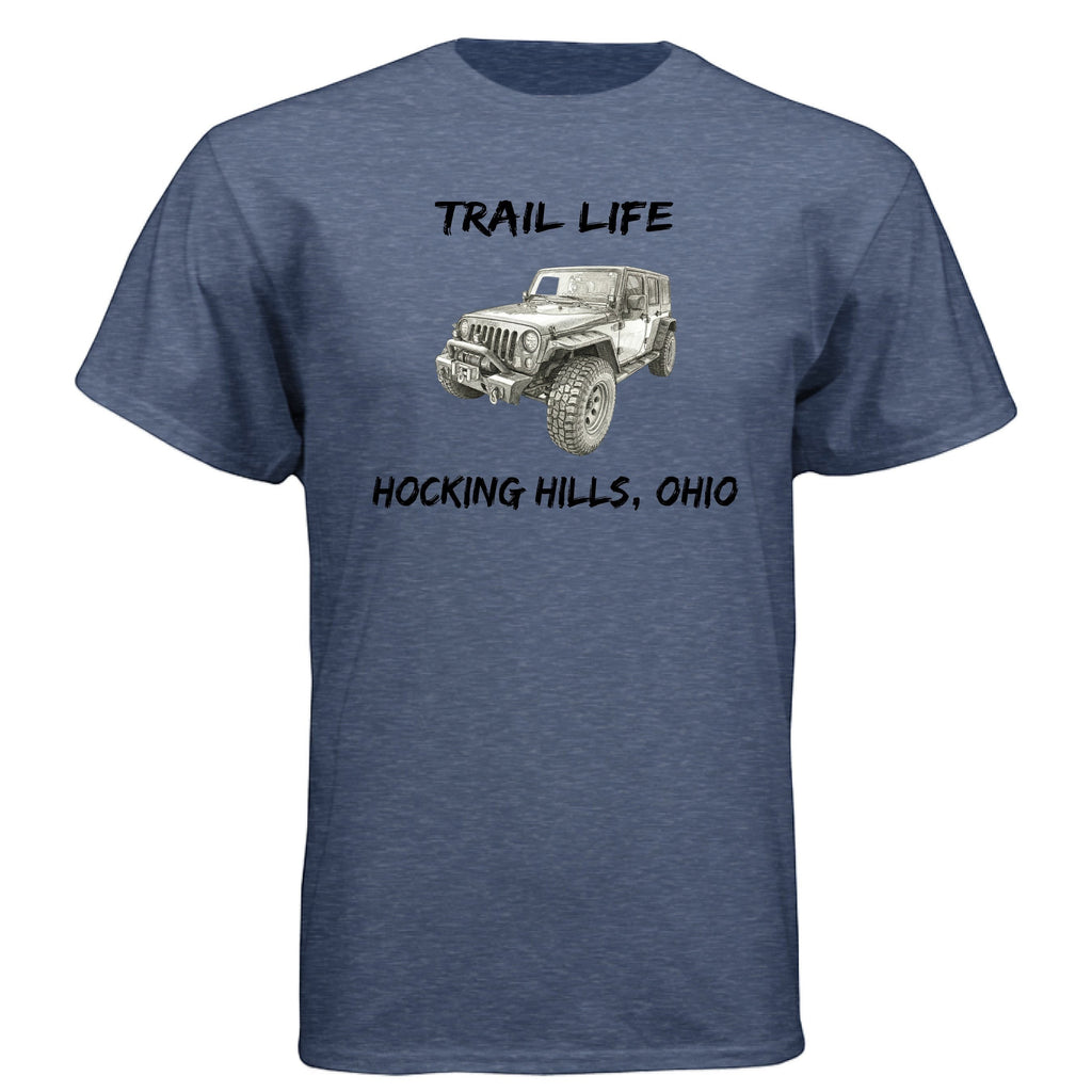 The Hocking Hills Store blue heathered cotton-poly blend t-shirt with a Jeep graphic and "Trail Life Hocking Hills, Ohio" text.