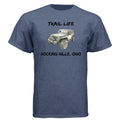 The Hocking Hills Store blue heathered cotton-poly blend t-shirt with a Jeep graphic and "Trail Life Hocking Hills, Ohio" text.