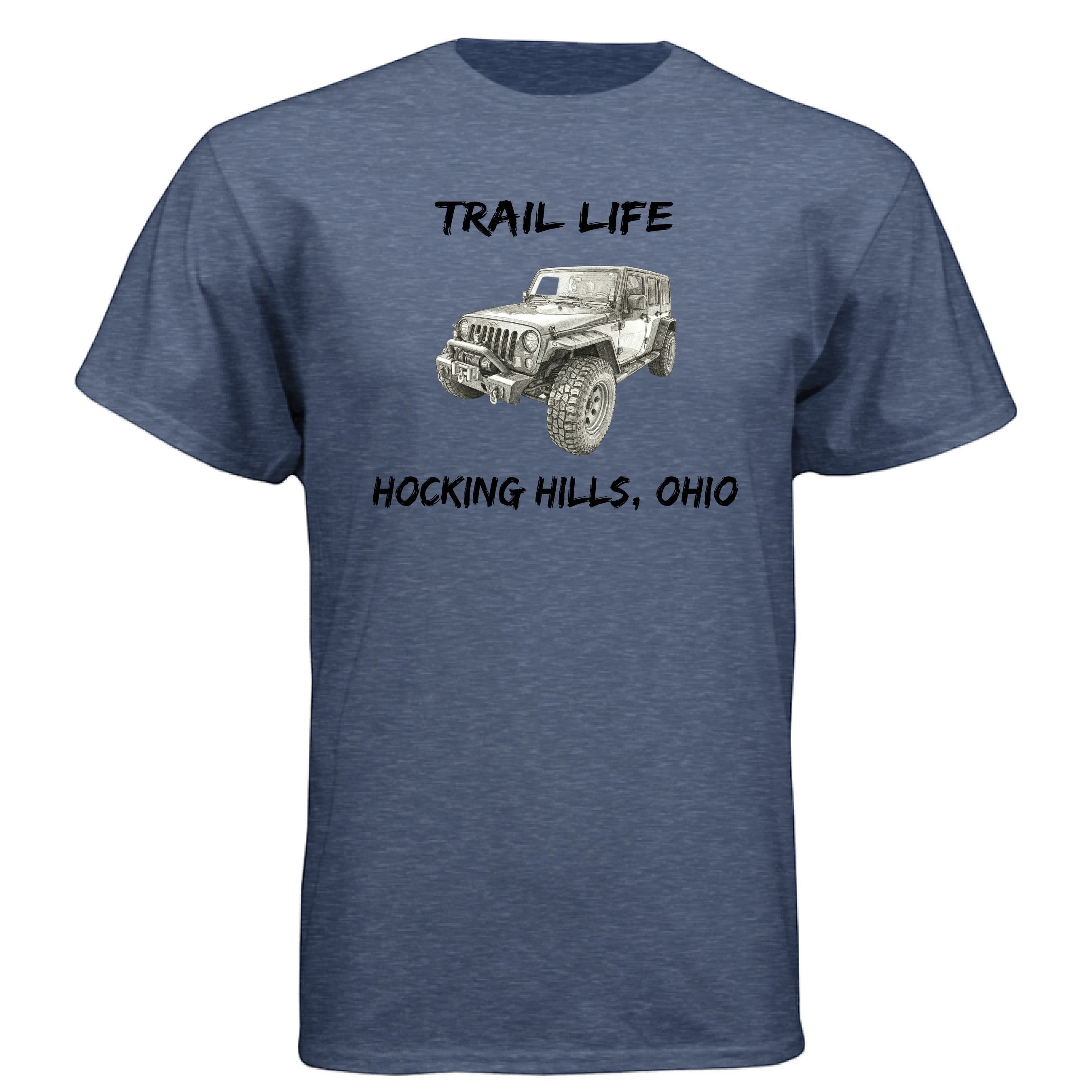 The Hocking Hills Store blue heathered cotton-poly blend t-shirt with a Jeep graphic and "Trail Life Hocking Hills, Ohio" text.