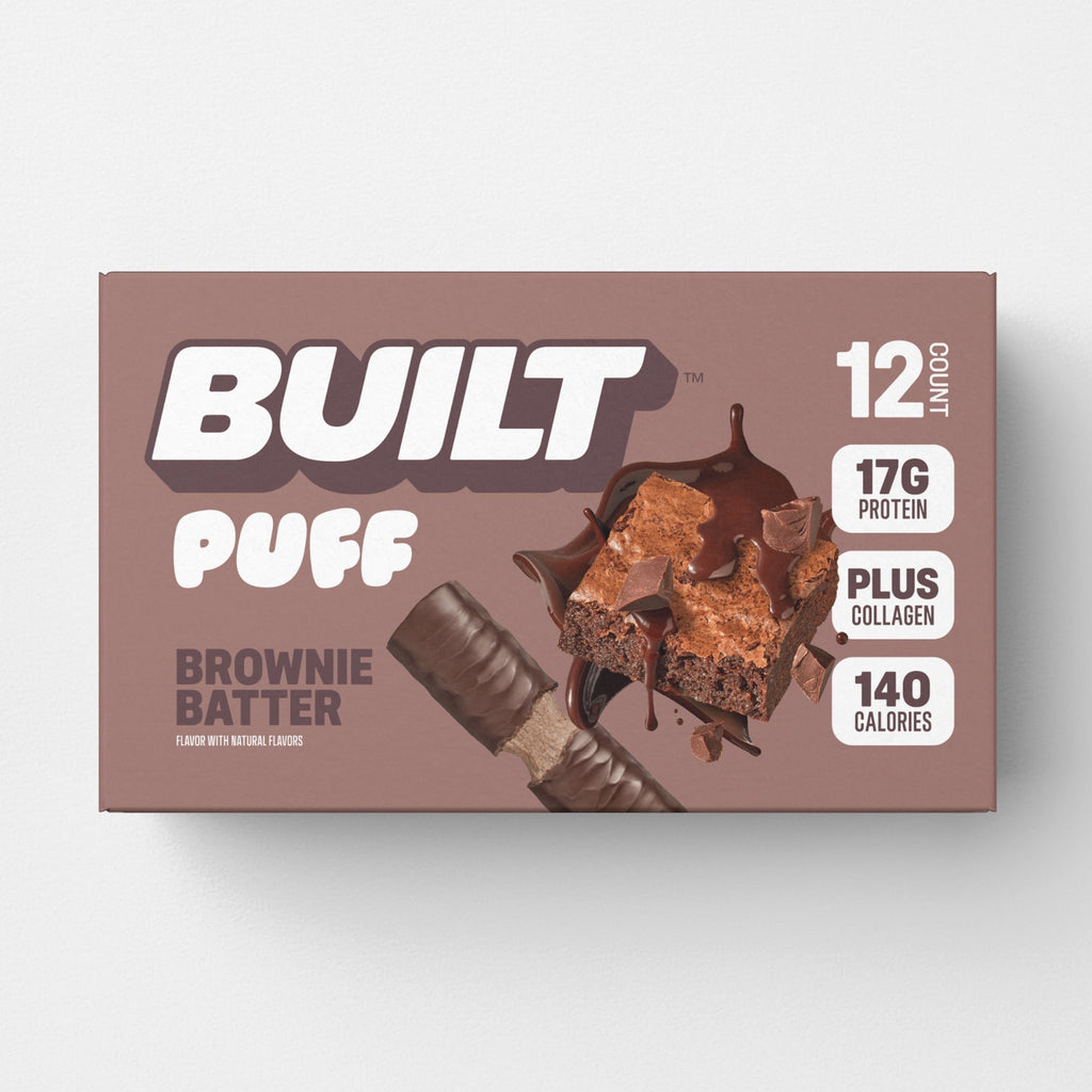 The Hocking Hills Store Built Puff Brownie Batter protein bar box, 12 count, 17g protein, with collagen, 140 calories.