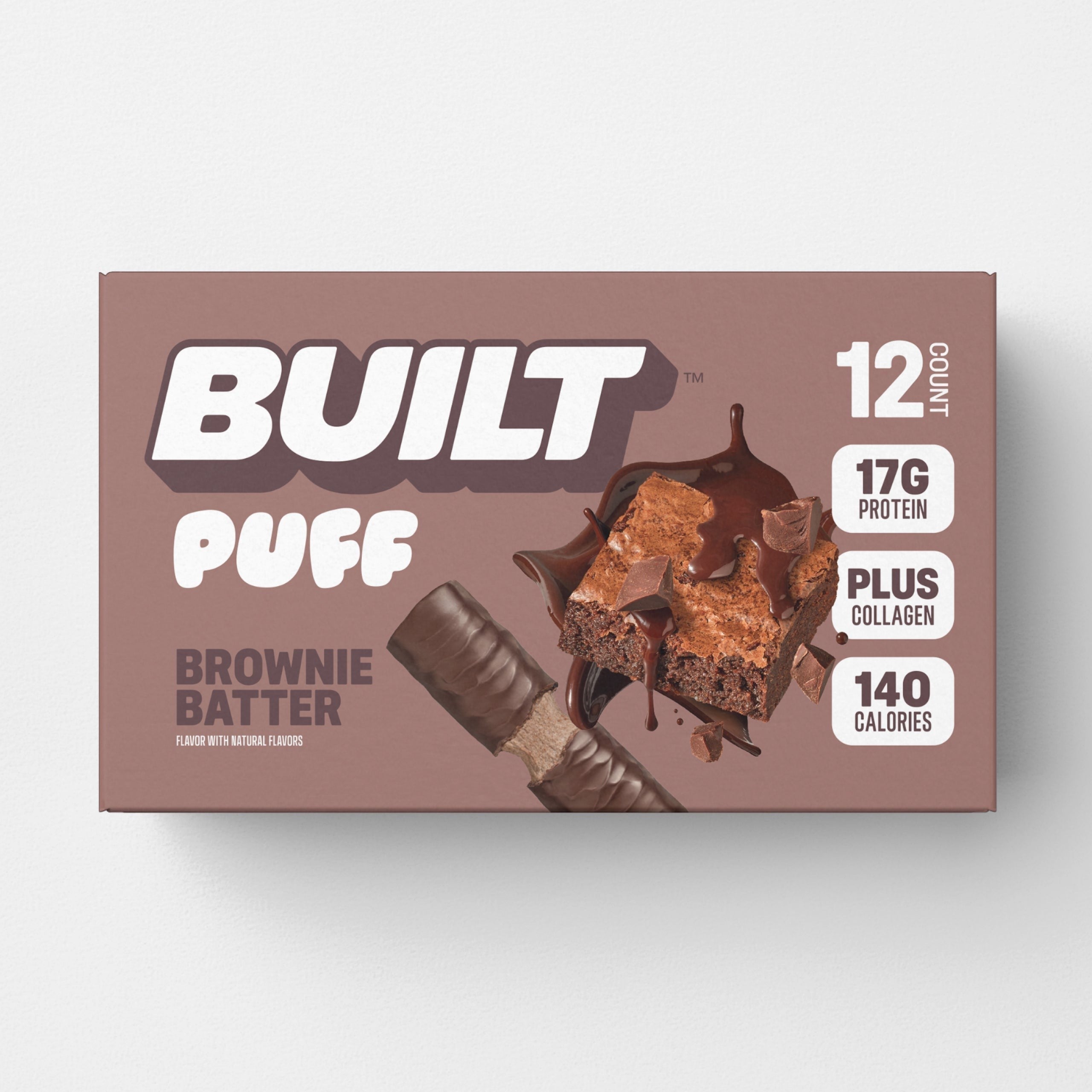 The Hocking Hills Store Built Puff Brownie Batter protein bar box, 12 count, 17g protein, with collagen, 140 calories.