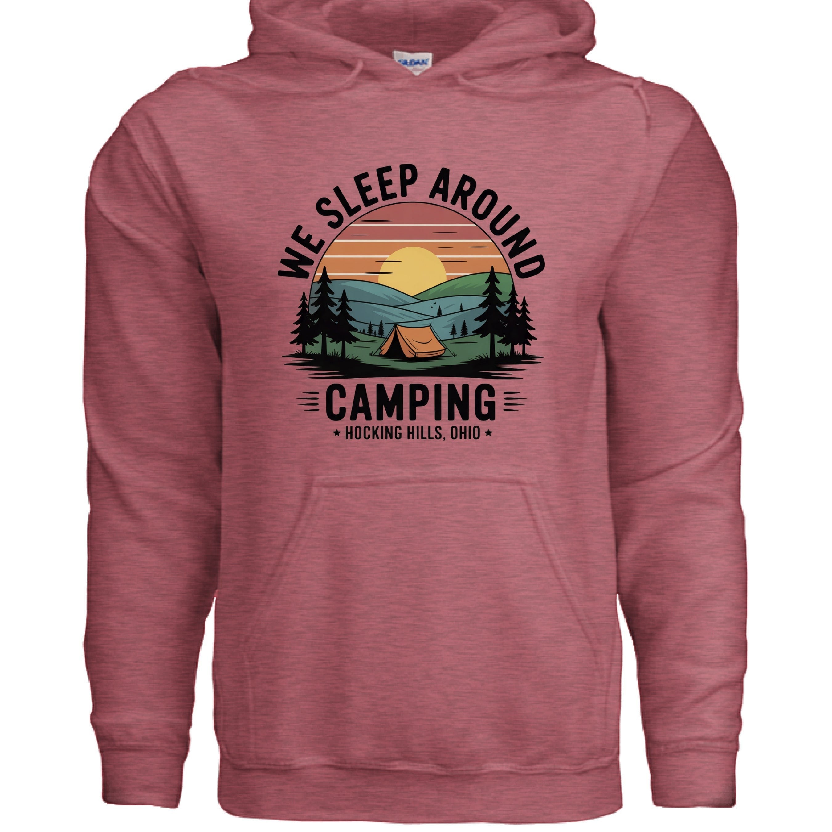 The Hocking Hills Store heathered rose hoodie with a graphic that says "We Sleep Around Camping" with a tent and sunset scene.