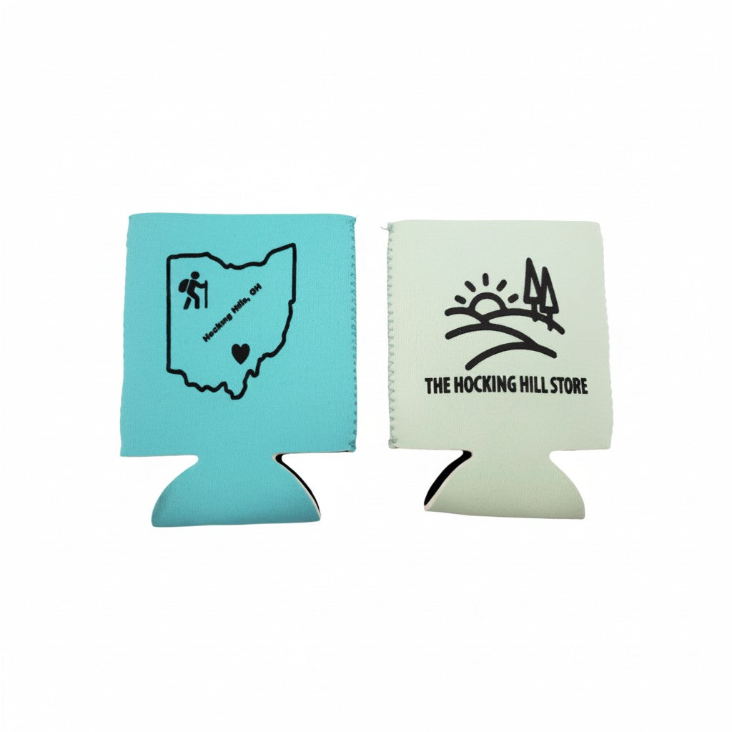 The Hocking Hills Store teal and mint green can coolers with Ohio map and hiking graphic, and store logo.