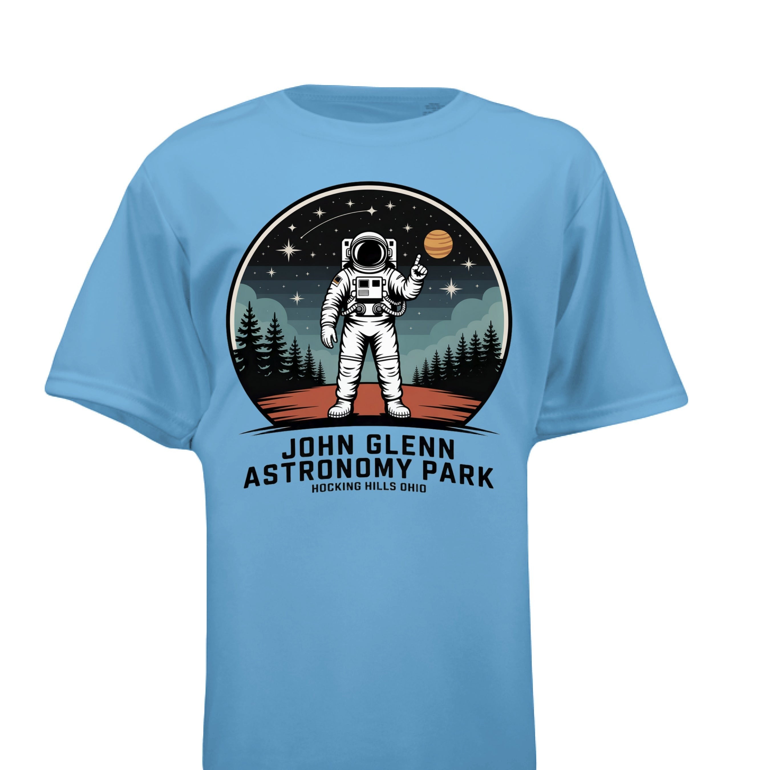 The Hocking Hills Store light blue short-sleeve t-shirt with an astronaut graphic for John Glenn Astronomy Park.
