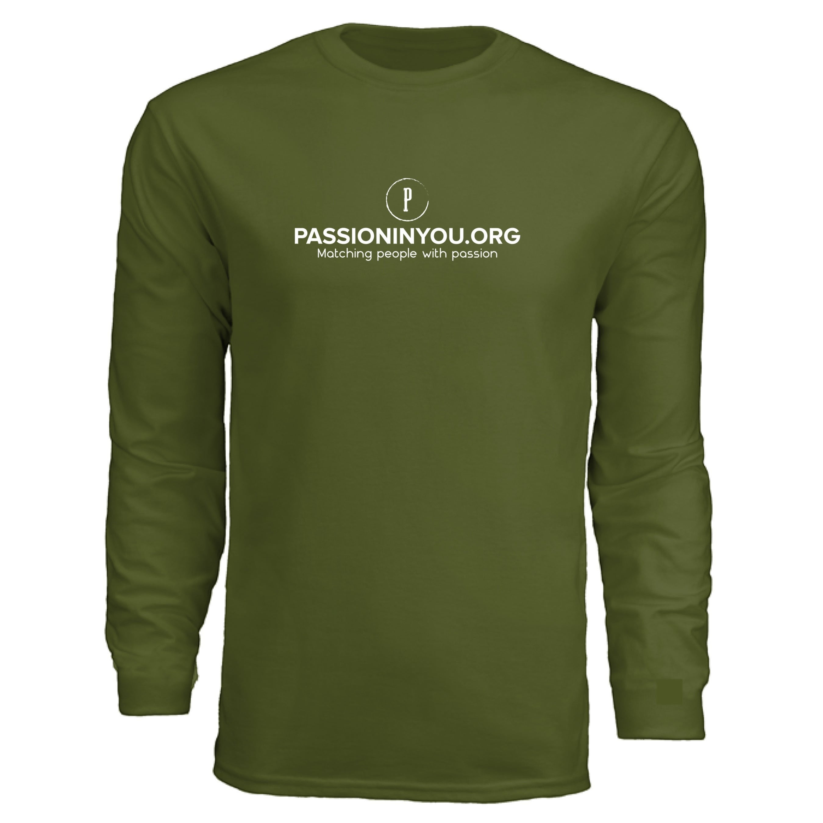 The Hocking Hills Store olive green long-sleeve polyester t-shirt with Passioninyou.org logo and tagline.