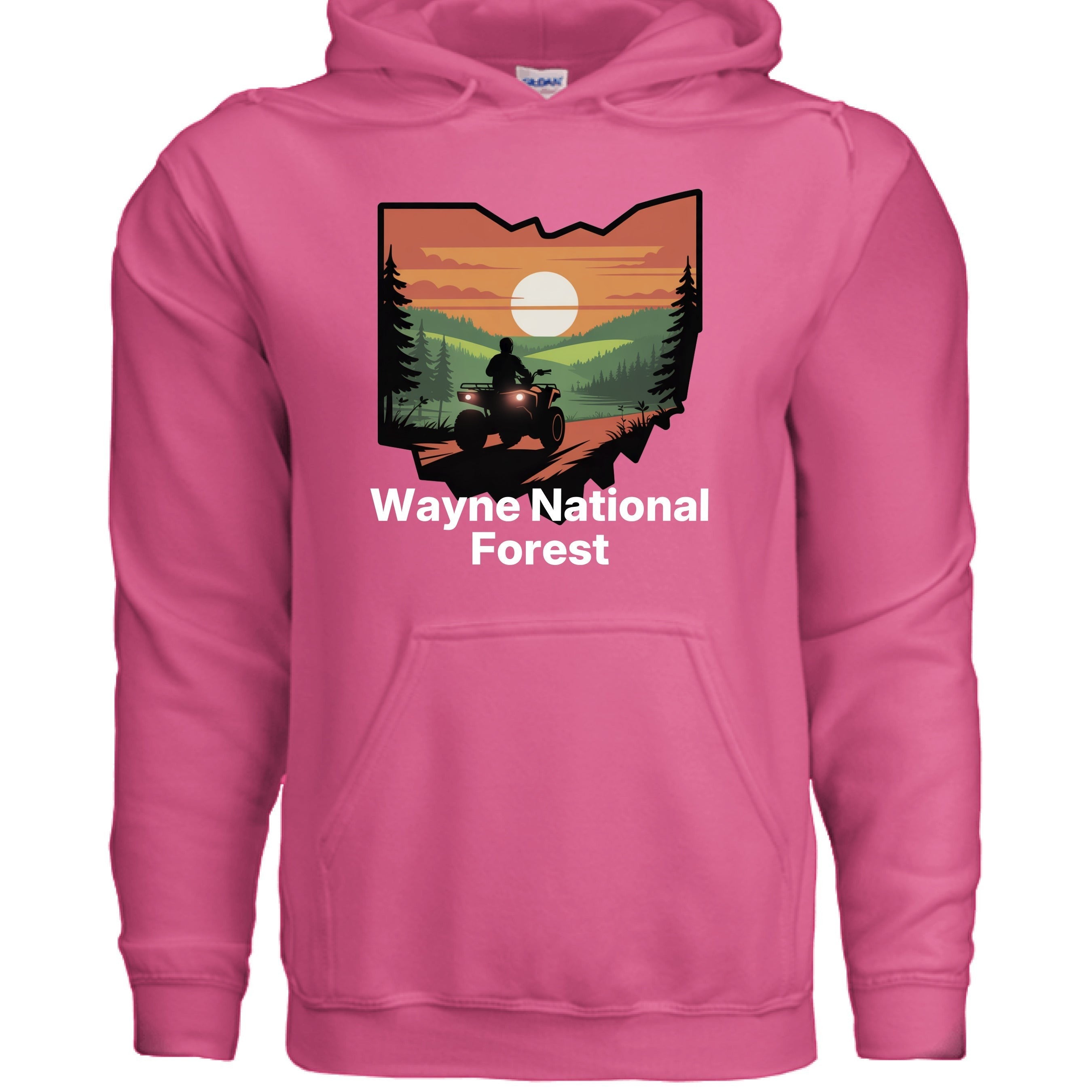 The Hocking Hills Store Wayne National Forest hoodie in pink, featuring a graphic of Ohio with a sunset ATV scene.