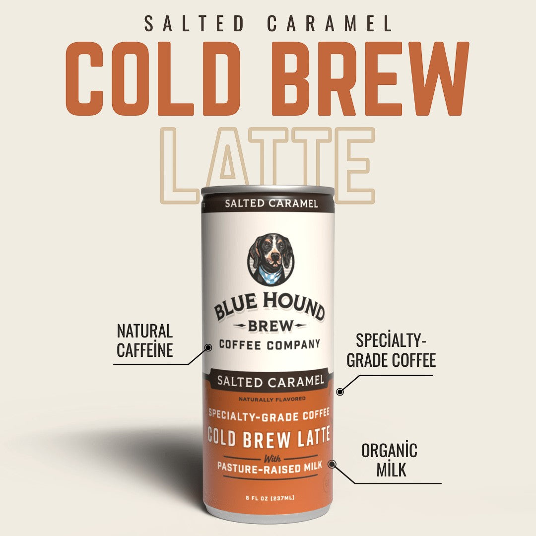 The Hocking Hills Store Salted Caramel Cold Brew Latte can with Blue Hound Brew Coffee Company branding. Features organic milk and specialty-grade coffee.