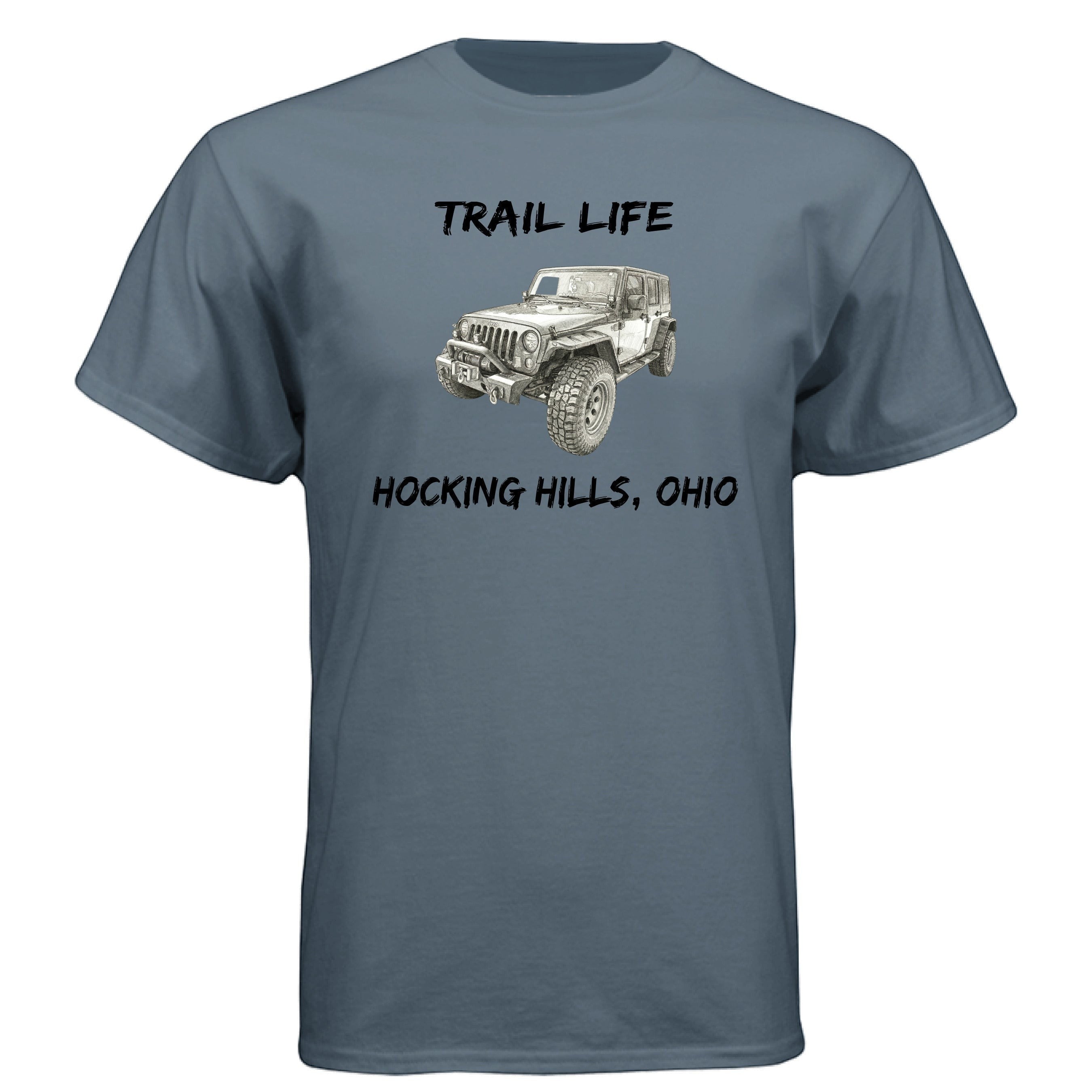 The Hocking Hills Store Trail Life Jeep T-Shirt, heathered blue, 60% cotton/40% polyester blend, crew neck, short sleeves.