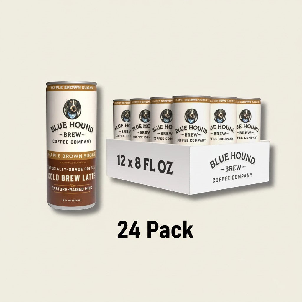 The Hocking Hills Store Maple Brown Sugar Latte, a 24-pack of 8 fl oz cans of cold brew latte with pasture-raised milk.